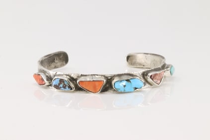 Native America Zuni Sterling Silver Multi-Colro Stone Bracelet Cuff By Jude Candelaria.