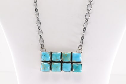 Native America Navajo Sterling Silver Kingman Turquoise Necklace By Danny Henio.