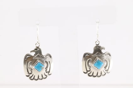 Native America Navajo Sterling Silver Turquoise Thunderbird Dangling Earring's By Verley Betone.