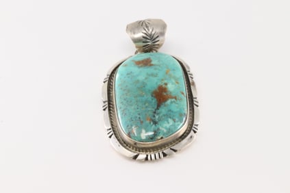 Native America Navajo Sterling Silver Kingman Turquoise Pendant By Alfred Martinez.