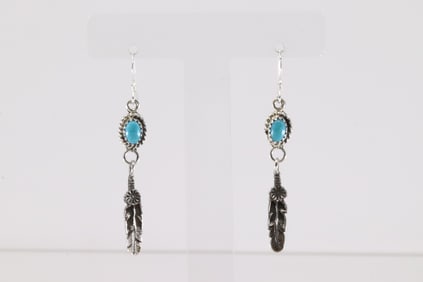 Native America Navajo Sterling Silver Turquoise Feather Dangling Earring's By Emery Spencer.
