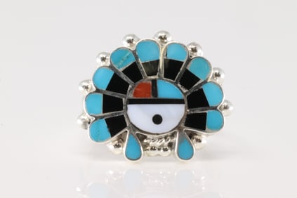 Native America Zuni Sterling Silver Multi-Color Stone Inlay Ring By E.R.