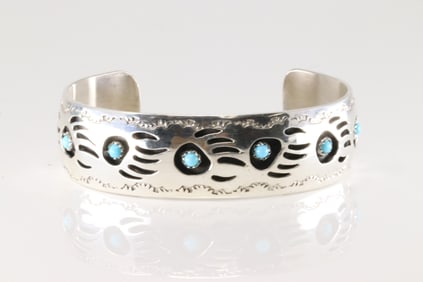 Native America Navajo Sterling Silver Bear Paw Turquoise Bracelet Cuff By Pearlene Spencer.