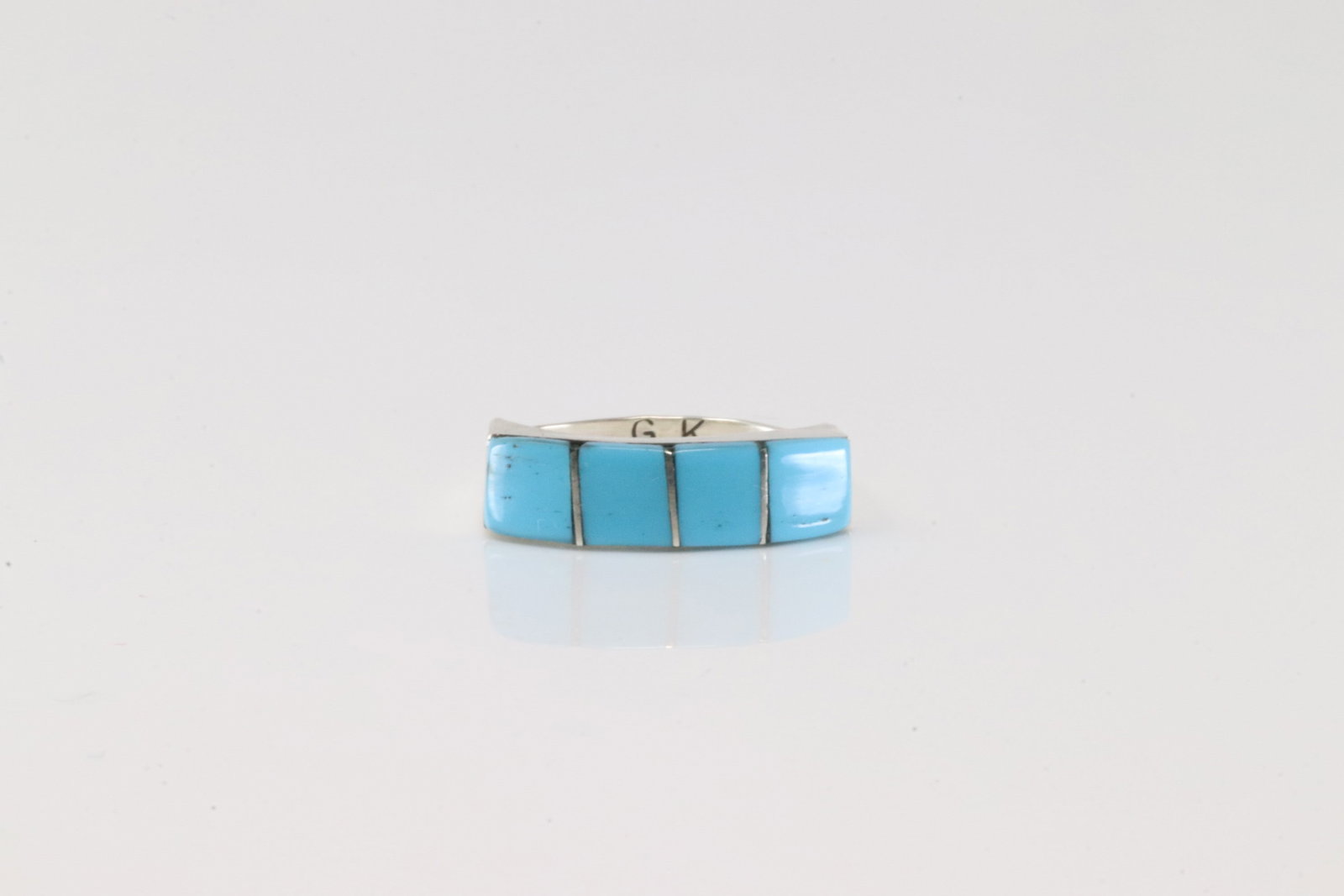 Native America Navajo Sterling Silver Turquopise Inlay Ring G.K.: This is a Native America Navajo Sterling Silver Turquopise Inlay Ring G.K. Ring size: 6.00.