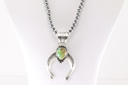 Native America Navajo Sterling Silver Kingman Turquoise Naja Necklace By Samuel Yellowhair.