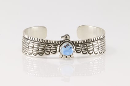 Native America Navajo Sterling Silver Golden Hill Turquoise Bird Bracelet Cuff By Darrell Cadman.