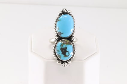 Native America Navajo Sterling Silver Turquoise Ring 2 Stone By Robert Shakey.