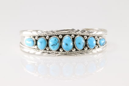 Native America Navajo Sterling Silver Kingman Turquoise Bracelet Cuff By Anita Whitegoat.