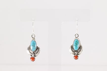 Native America Navajo Sterling Silver Coral / Turquoise Dangling Earring's By Robert Martinez.