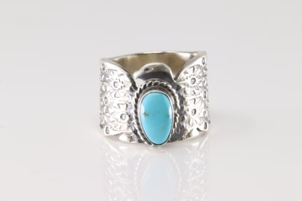Native America Navajo Sterling Silver Turquoise Eagle Ring By F.