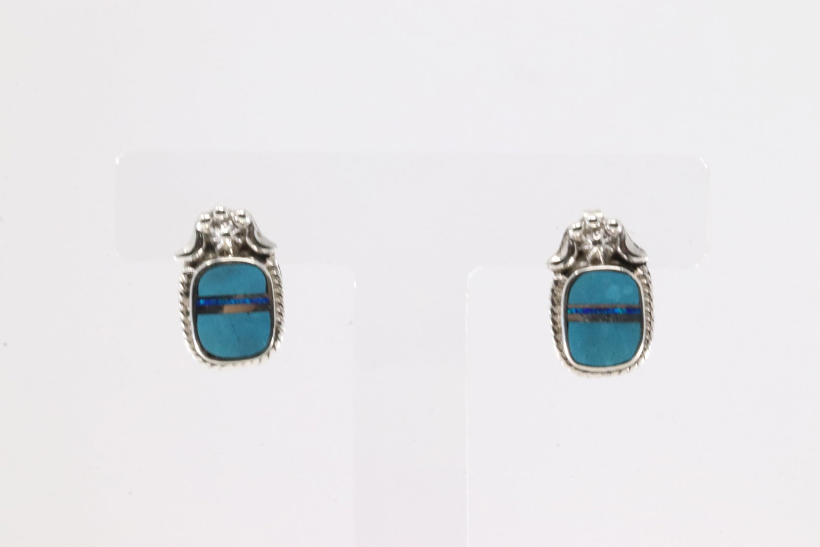 Native America Navajo Sterling Silver Turquoise & Opal Inlay Post Earring's By James Manygoats.: This is a Native America Navajo Sterling Silver Turquoise & Opal Inlay Post Earring's By James Manygoats.