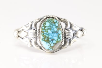 Native America Navajo Sterling Silver Kingman Turquoise Bracelet Cuff By Juanita Long.