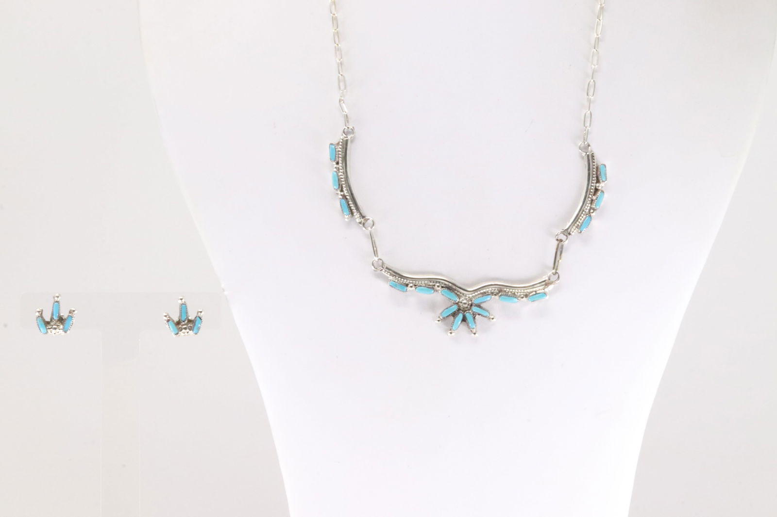 Native America Zuni Sterling Silver Turquoise Heart Necklace & Earring's Set By Veronica Yawakia. (1 of 5)