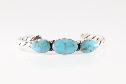 Native America Navajo Sterling Silver Turquoise Bracelet Cuff By Sadie Jim.