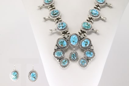 Native America Navajo Sterling Silver Kingman Turquoise Squash Blossom Necklace & Earring's Set By T