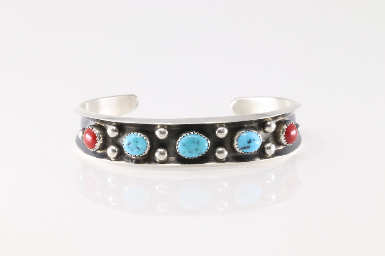 Native America Navajo Sterling Silver Coral & Turquoise Bracelet Cuff By Paul Largo.: This is a Native America Navajo Sterling Silver Coral & Turquoise Bracelet Cuff By Paul Largo.