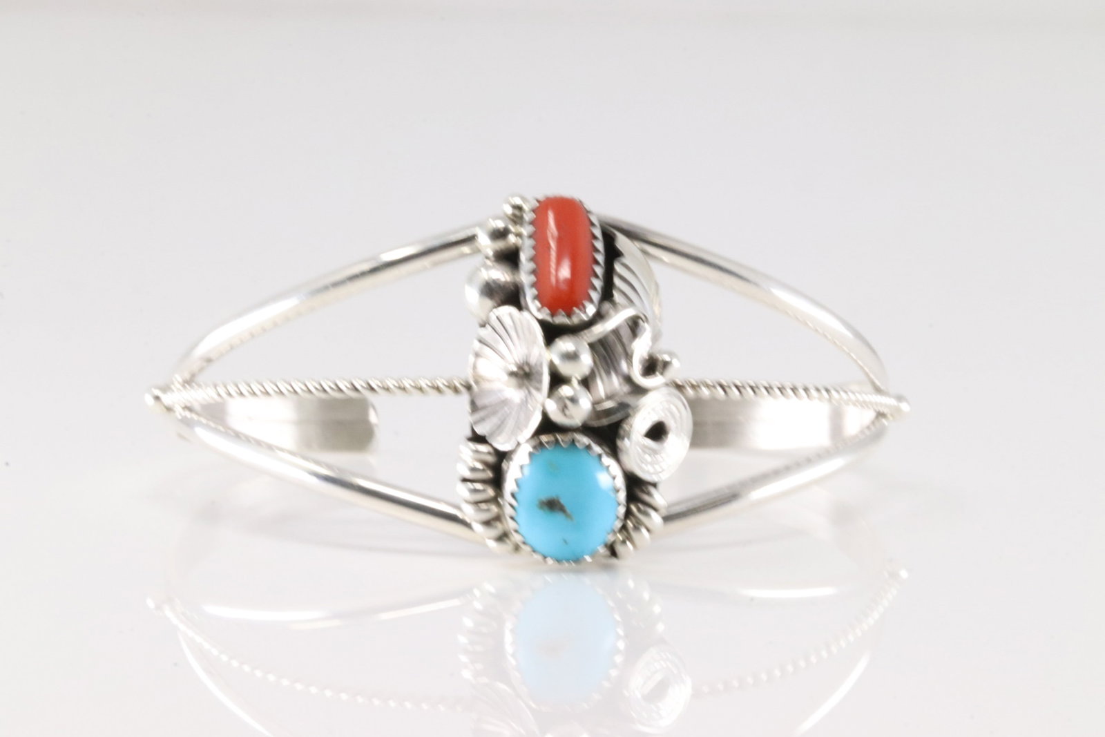 Native America Navajo Sterling Silver Coral & Turquoise Bracelet Cuff By Max Calladitto.: This is a Native America Navajo Sterling Silver Coral & Turquoise Bracelet Cuff By Max Calladitto.