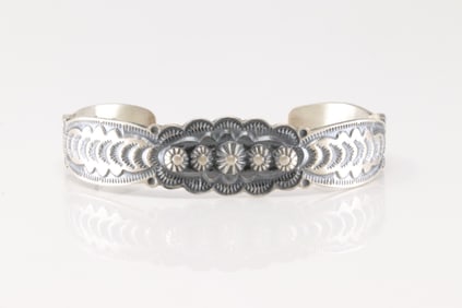 Native America Navajo Sterling Silver Solid Stamped Star Bracelet Cuff By Bennie Ramon.