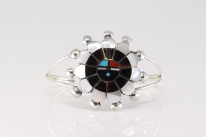 Native America Zuni Sterling Silver Multi-Color Inlay Bracelet By Pauline Lonjose.