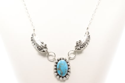Native America Navajo Sterling Silver Turquoise Leaf Necklace By Sandra Sardo.