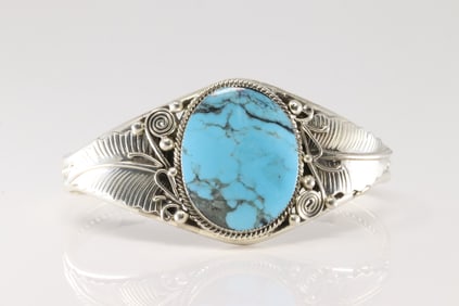 Native American Navajo Sterling Silver Turquoise Bracelet Cuff By Gilbert Smith.