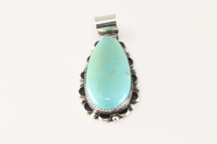 Native America Navajo Sterling Silver Kingman Turquoise Pendant By Freida Martinez.