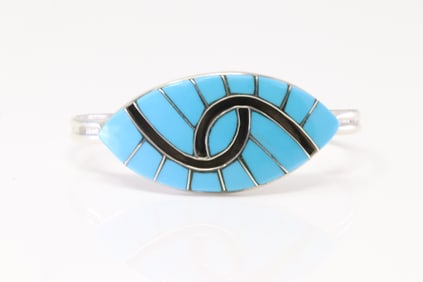 Native America Zuni Sterling Silver Turquoise Inlay Bracelet By Amy.