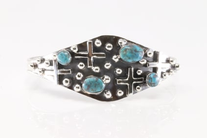 Native America Navajo Sterling Silver Turquoise Cross Bracelet Cuff By Gregg Yazzie.