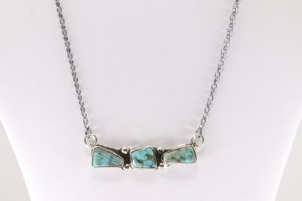 Native America Zuni Sterling Silver Kingman Turquoise Necklace By Jude Candelaria.