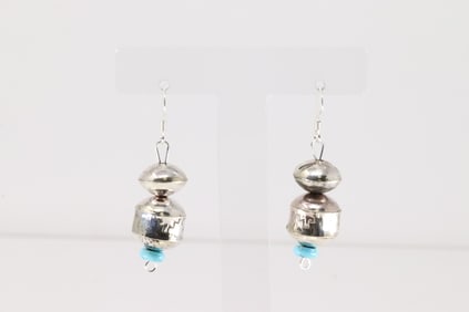 Native America Navajo Sterling Silver Turquoise & Paerl Beaded Dangling Earring's By Tylena Nez.
