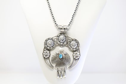 Native America Navajo Sterling Silver Turquoise Thunderbird Naja Necklace By T.Yazzie.