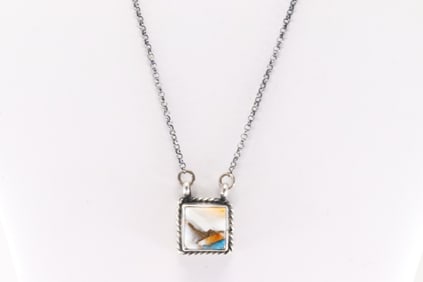 Native America Navajo Sterling Silver Turquoise Compressed Necklace By Johnny Dixon.