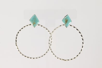 Native America Navajo Sterling Silver Turquoise Post Hoop Earring's By Sadie Jim.