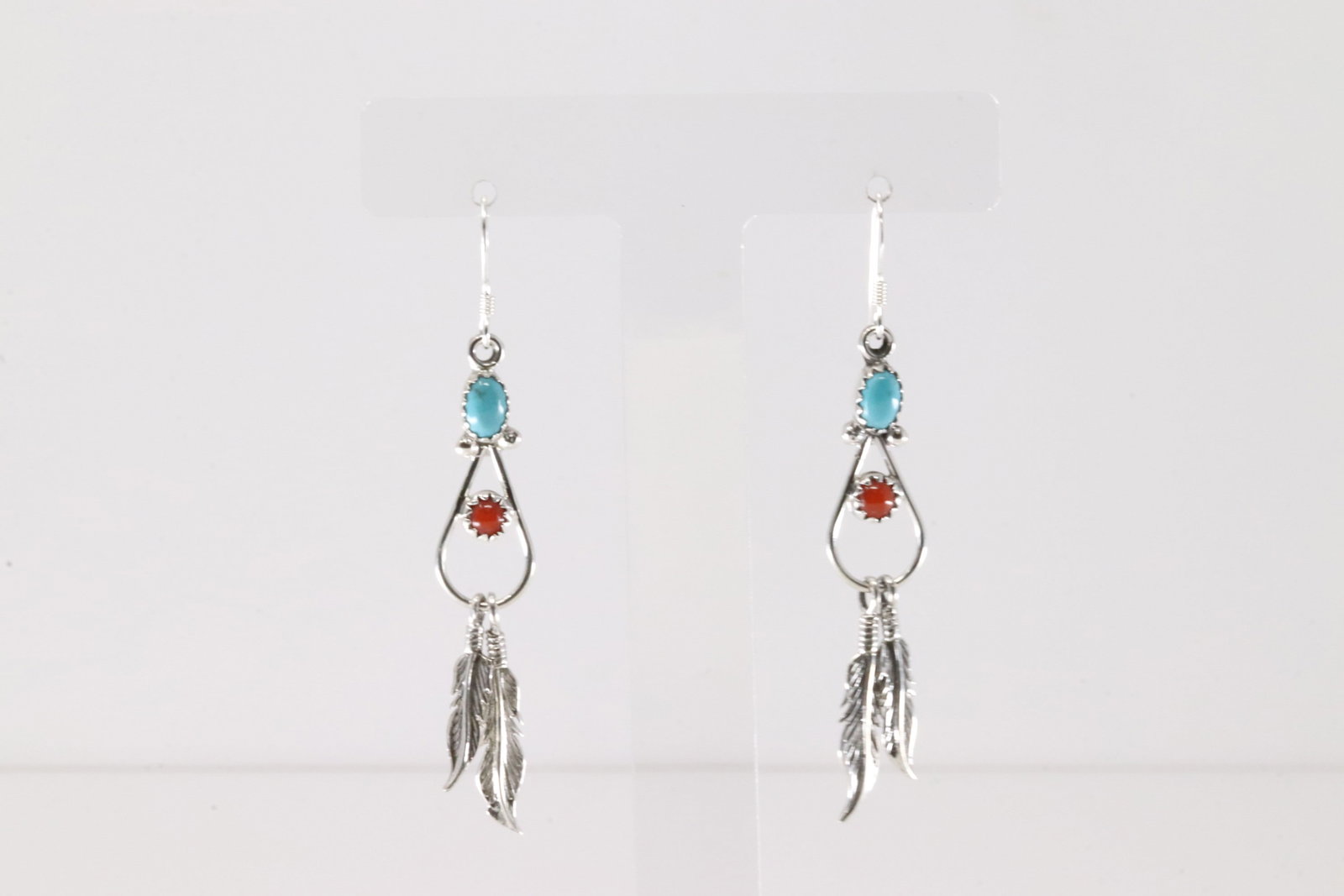 Native America Navajo Sterling Silver Coral & Turquoise Dangling Earring's By Annie Spencer.: This is a Native America Navajo Sterling Silver Coral & Turquoise Dangling Earring's By Annie Spencer.