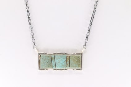 Native America Navajo Sterling Silver Kingman Turquoise Inlay Necklace By Steve Francisco.