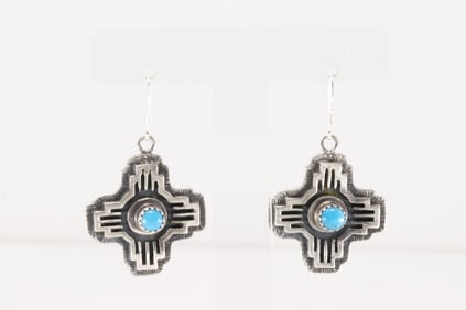 Native America Navajo Sterling Silver Turquoise Cross Dangling Earring's By Kenny Lonjose.