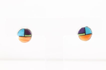 Native America Navajo Sterling Silver Multi-Color Stone Inlay Post Earring's.