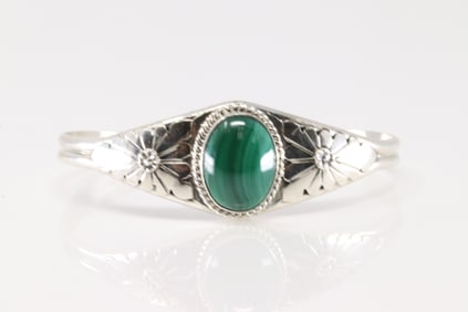 Native American Navajo Sterling Silver Malachite Bracelet Cuff By Renne Yazzie.
