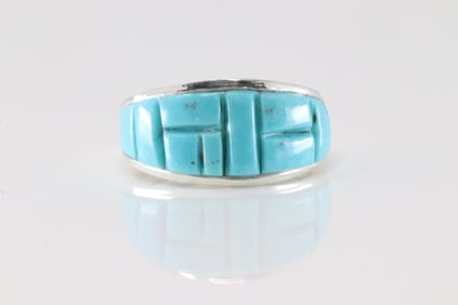 Native American Navajo Sterling Silver Turquoise Inlay Ring By Yazzie.