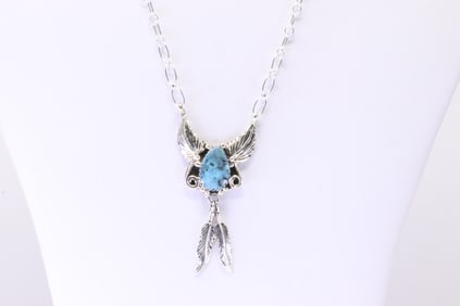 Native America Navajo Sterling Silver Turquoise Necklace Leaf & Feather By Sadie Jim.