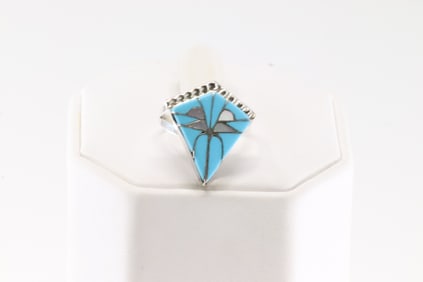 Native America Zuni Sterling Silver Turquoise & Opal Inlay Ring By D.Q.