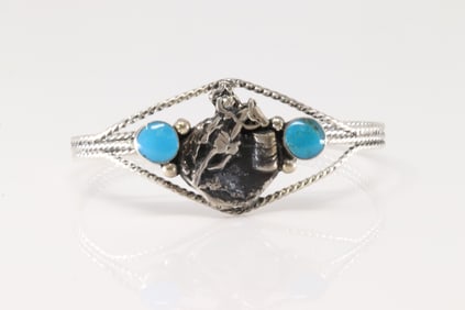 Native America Navajo Sterling Silver Turquoise Bracelet By Marie Bahe.