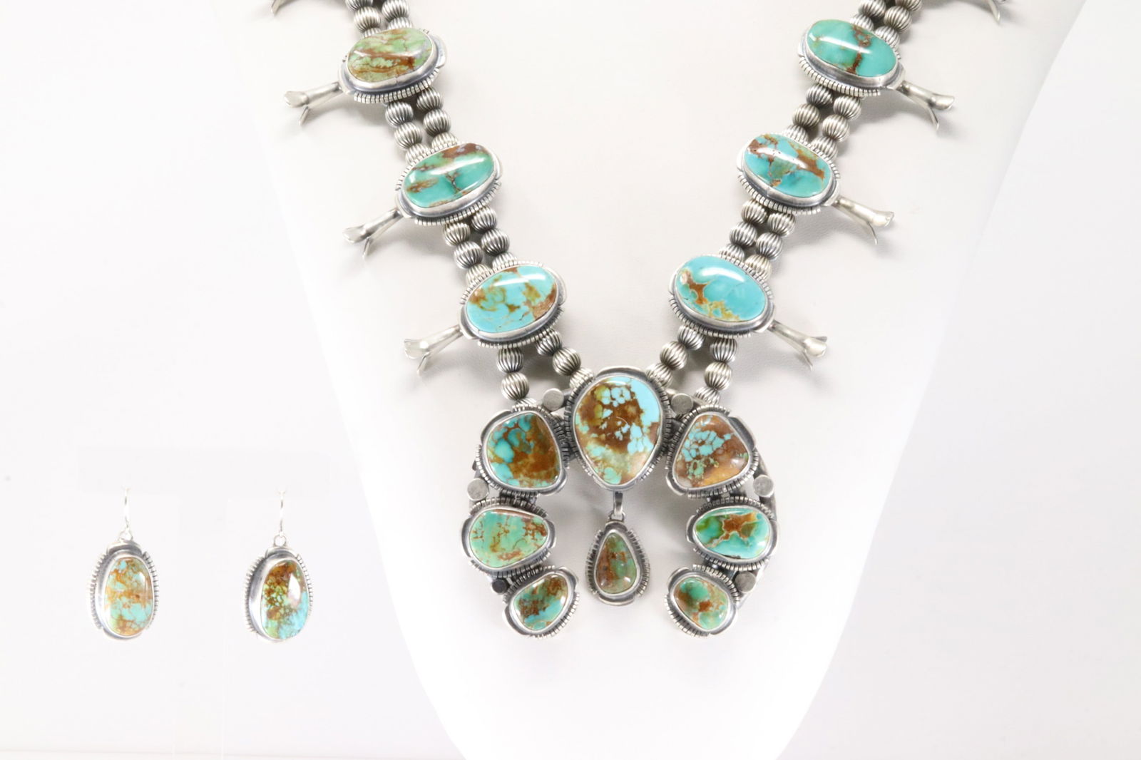 Native America Navajo Sterling Silver Kingman Turquoise Squash Blossom Necklace & Earring's Set By (1 of 9)