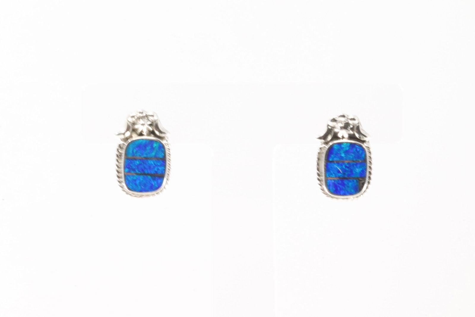 Native America Navajo Sterling Silver Blue Opal Inlay Post Earring's By James Manygoats.: This is a Native America Navajo Sterling Silver Blue Opal Inlay Post Earring's By James Manygoats.