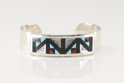 Native America Zuni Sterling Silver Multi-Color Stone Inlay Bracelet Cuff By Leander L.