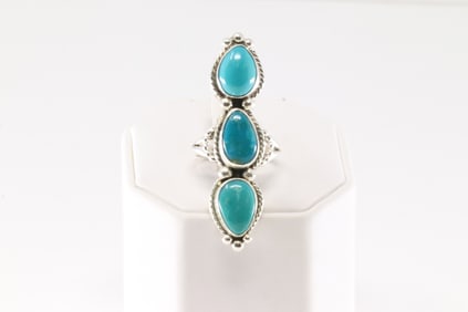 Native America Navajo Sterling Silver Kingman Turquoise Ring 3 Stone By S.