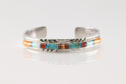 Native America Navajo Sterling Silver Multi-Color Stone Inlay Barcelet Cuff By Mary Lincoln.