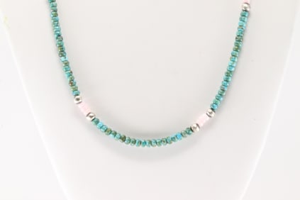 Native America Navajo Sterling Silver Pink Conch Shell & Turquoise Necklace.