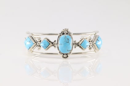 Native America Navajo Sterling Silver Turquoise Bracelet Cuff By Mike Smith.
