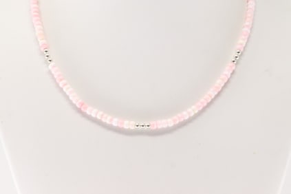 Native America Navajo Sterling Silver Pink Conch & Pearl Beaded Necklace.